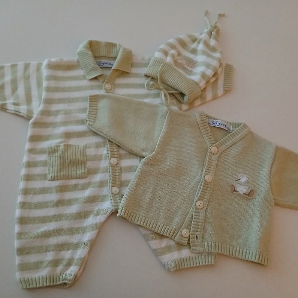 Clayeux Cotton Cardigan, Hat & Onesie Bundle 3-6months -made in FRANCE